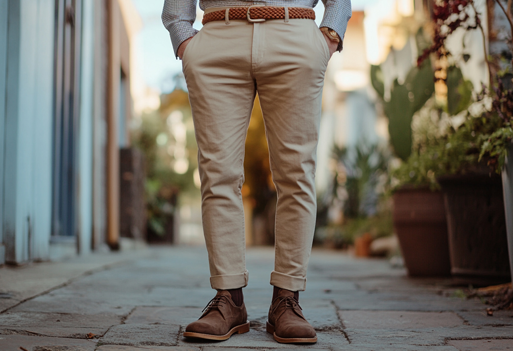 classic straight-fit khaki chinos with a brown braided leather belt and matching brown suede chukka boots