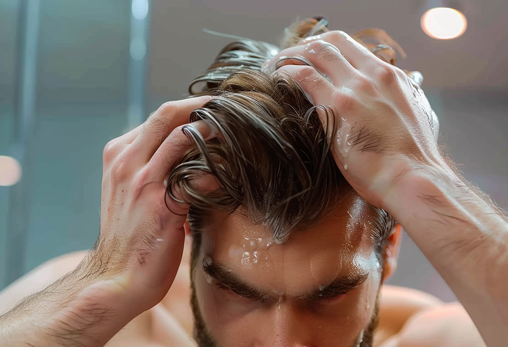 man moisturizing his scalp and hair