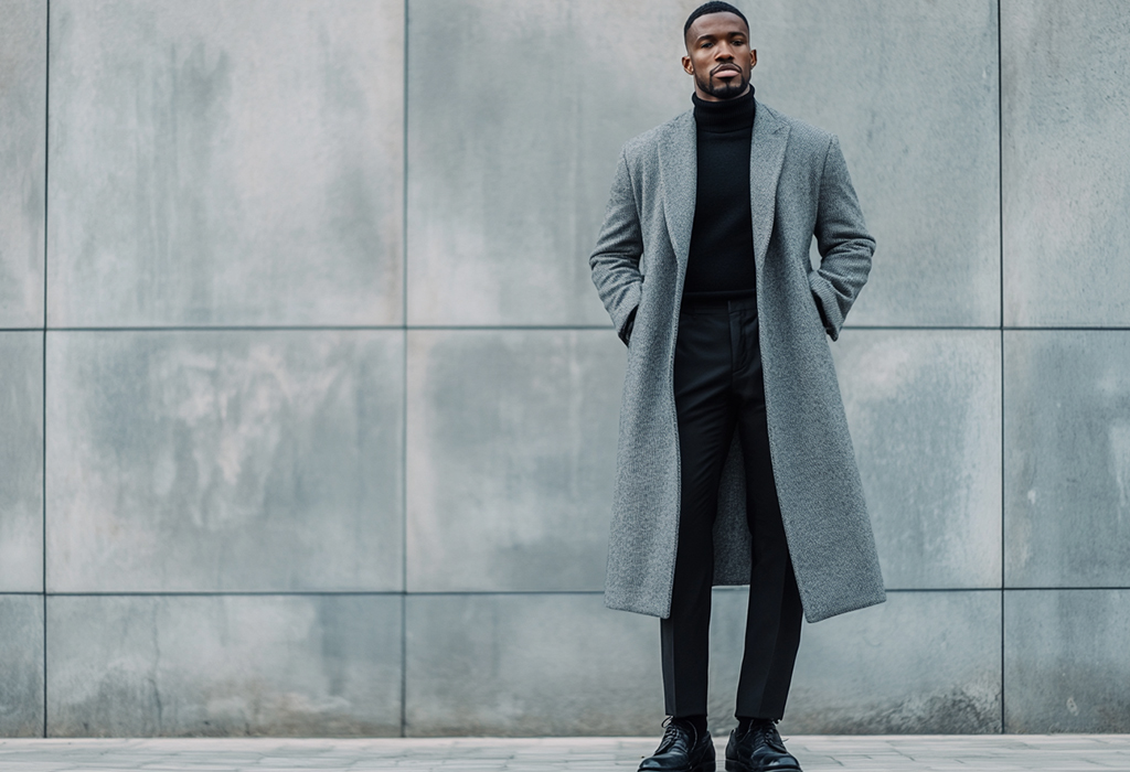 overcoat with back jeans and black turtleneck