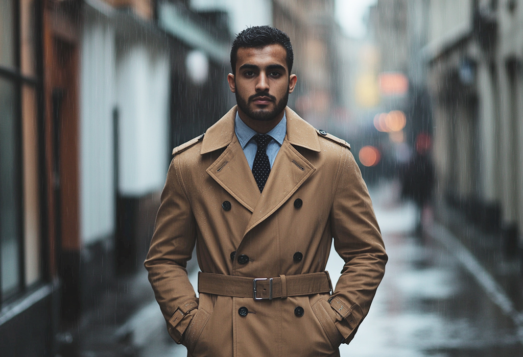 dapper man wearing a tan trench coat in the rain, closed with the belt