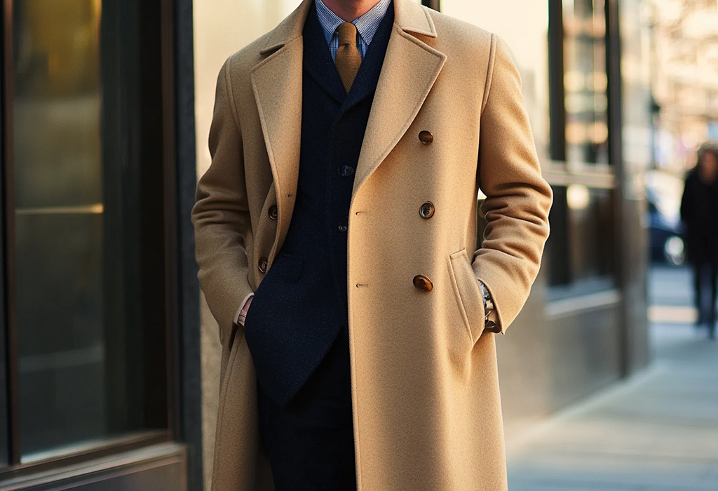 man wearing a long, tan polo overcoat