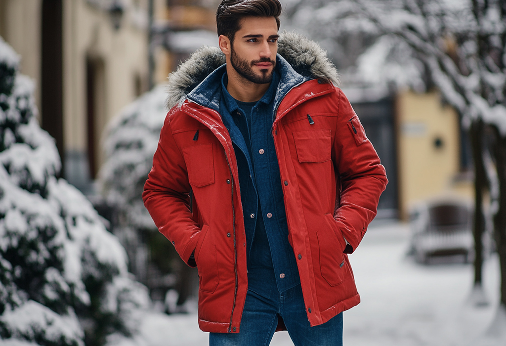 red parka coat over blue jeans