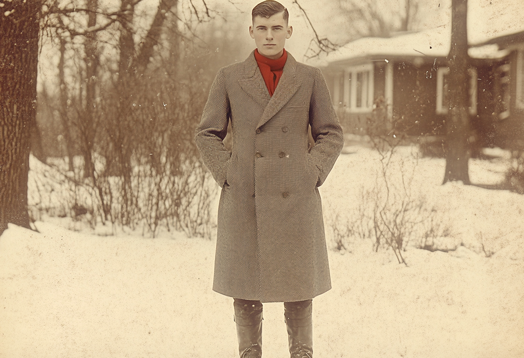 Vintage style image of a man wearing a long gray herringbone double breasted overcoat in the winter, with a red scarf.