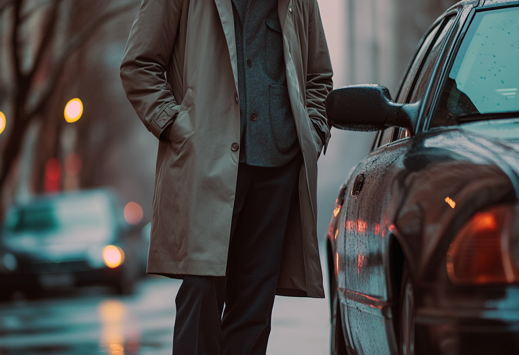 Man standing next to a car wearing a car coat overcoat that ends above the knee