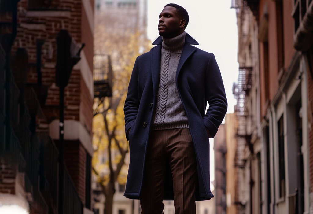 man wearing a long navy overcoat over brown pleated pants and a gray cable-knit sweater