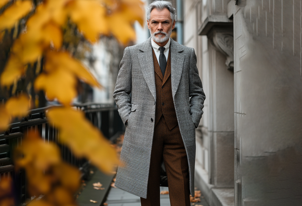 man wearing a long, gray houndstooth overcoat over a brown tweed suit