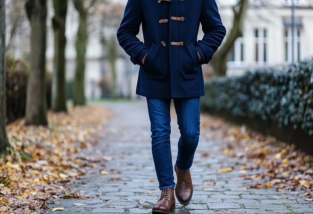 man wearing a navy blue duffle coat with horn toggles and leather strap loops