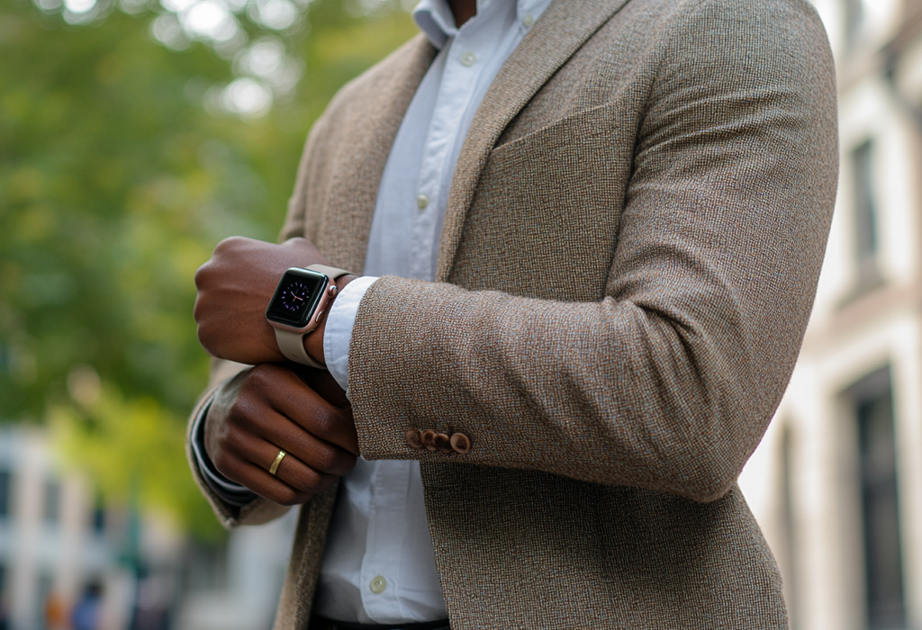 man in suit wearing smartwatch