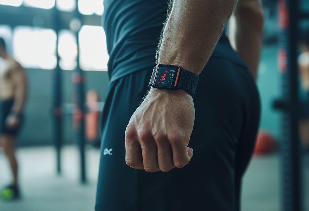 fitness tracker on man's wrist in gym