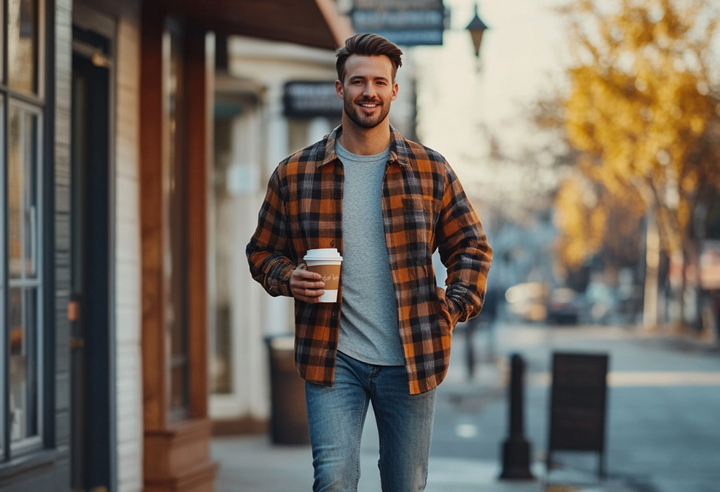 man walking down the street with a coffee, wearing a flannel shirt jacket