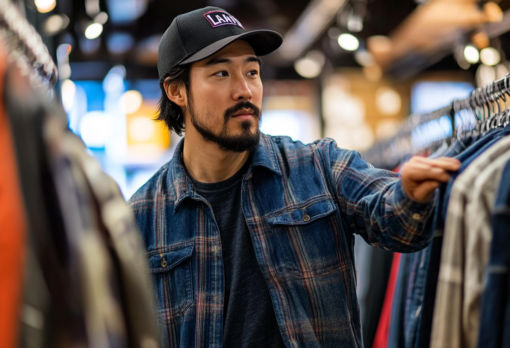 guy buying flannel shirt jacket in a store