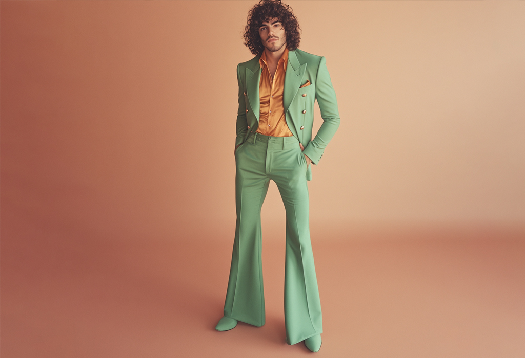 man wearing a sage green double-breasted disco suit with flared legs, with a burnt orange silk shirt