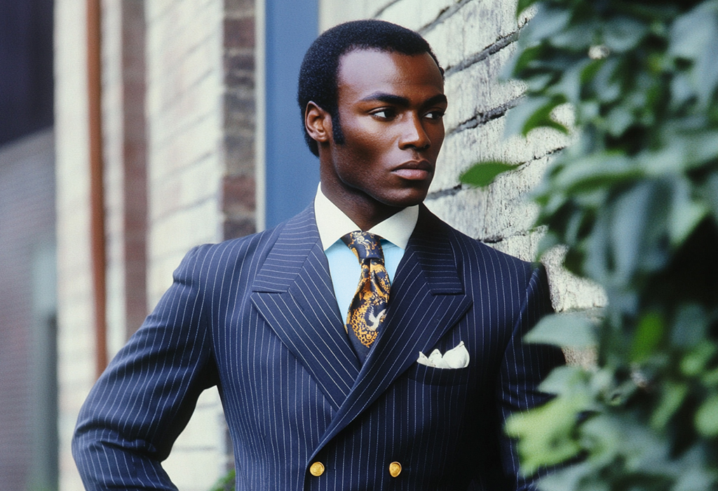 man wearing a chalkstriped, navy blue 1980s style double-breasted suit