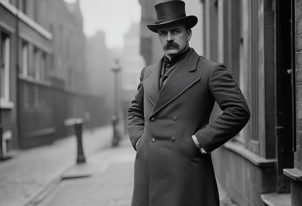 man wearing an 1800s double-breasted style frock coat in Victorian London