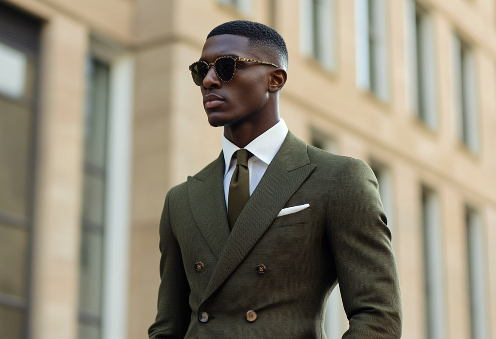 man wearing an olive green double breasted suit with wide, peak lapels