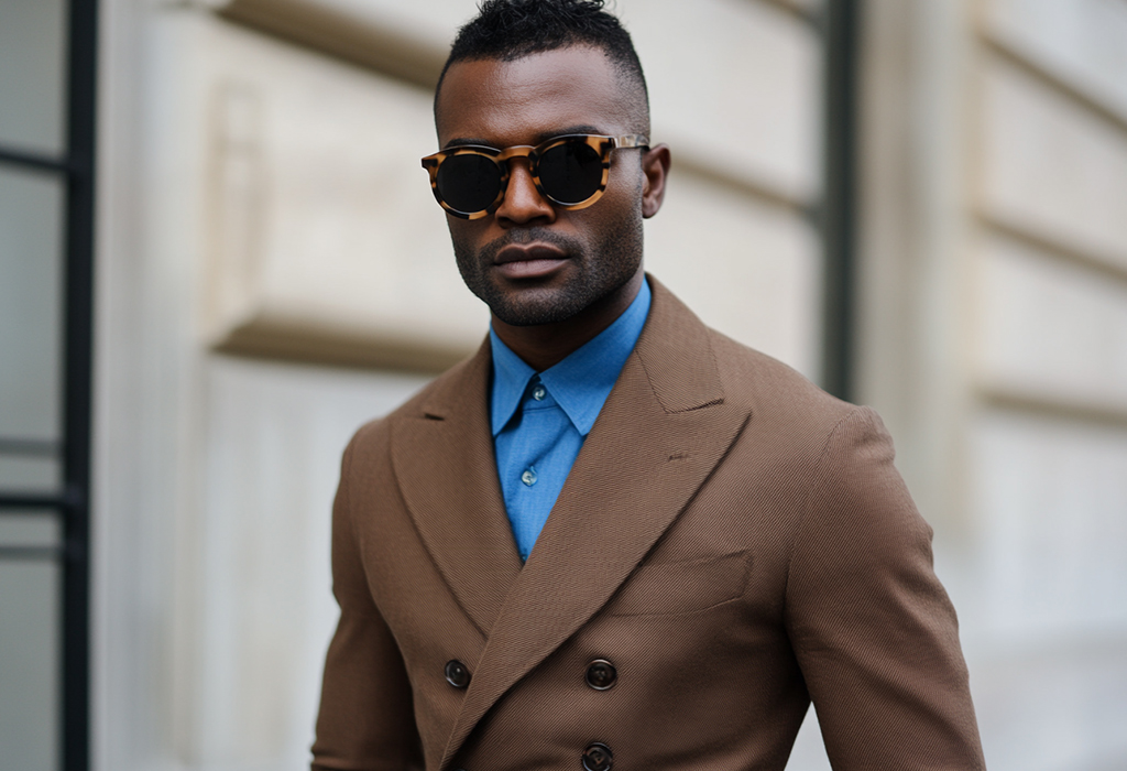 man wearing a brown cotton double-breasted suit with a blue oxford shirt, tortoiseshell sunglasses, and no tie