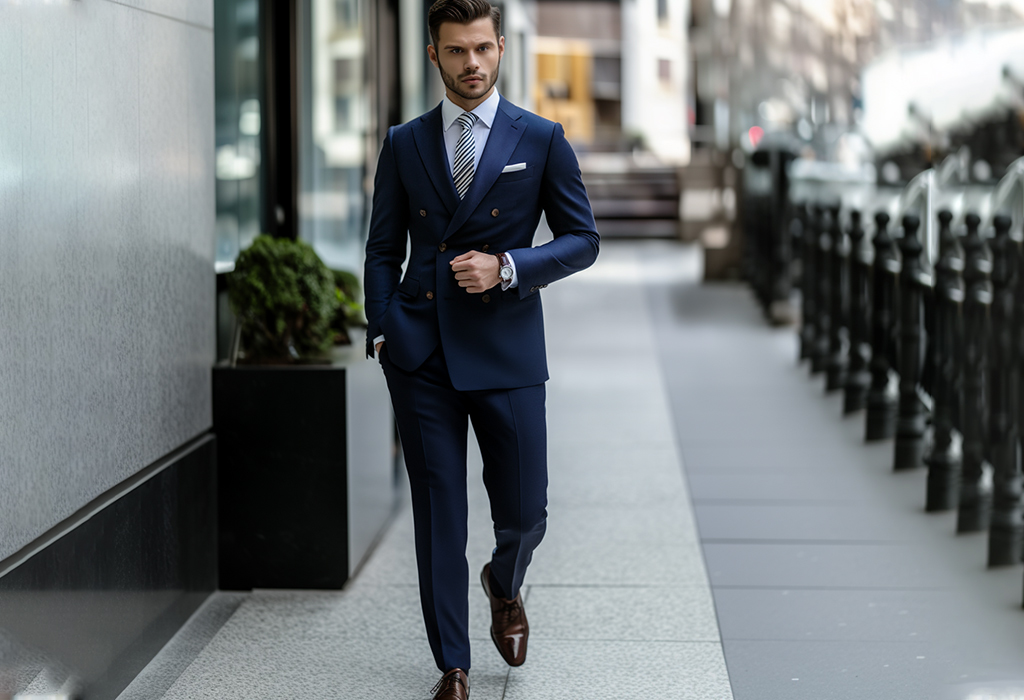 man wearing a sharp navy blue wool double-breasted suit with a white shirt and striped rep tie and dark brown oxford shoes