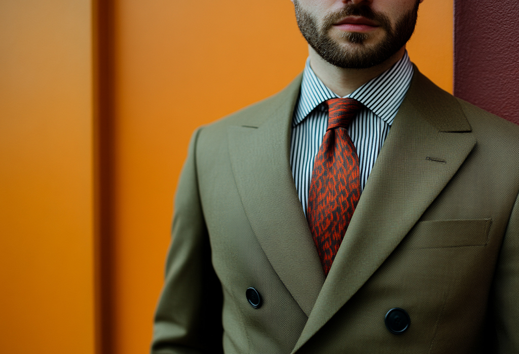 80s style olive green 4x1 double-breasted suit with a striped dress shirt and a red abstract tie - Armani style