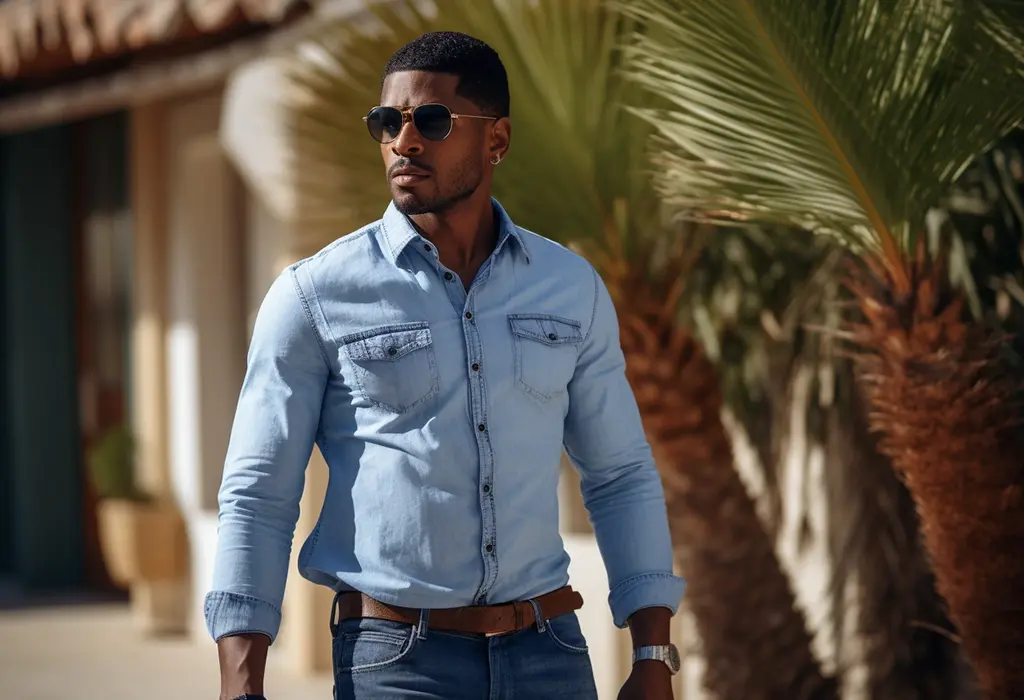 black guy wearing denim shirt and sunglasses