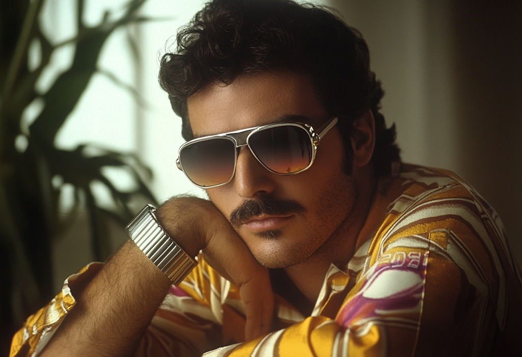 80s fashion guy in sunglasses and bold pattenred shirt