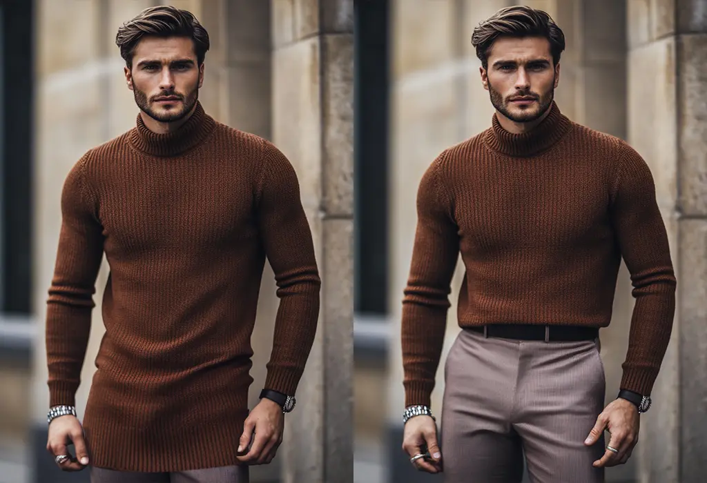 brown wool sweater that’s too long on a man vs tucked in perfect fit