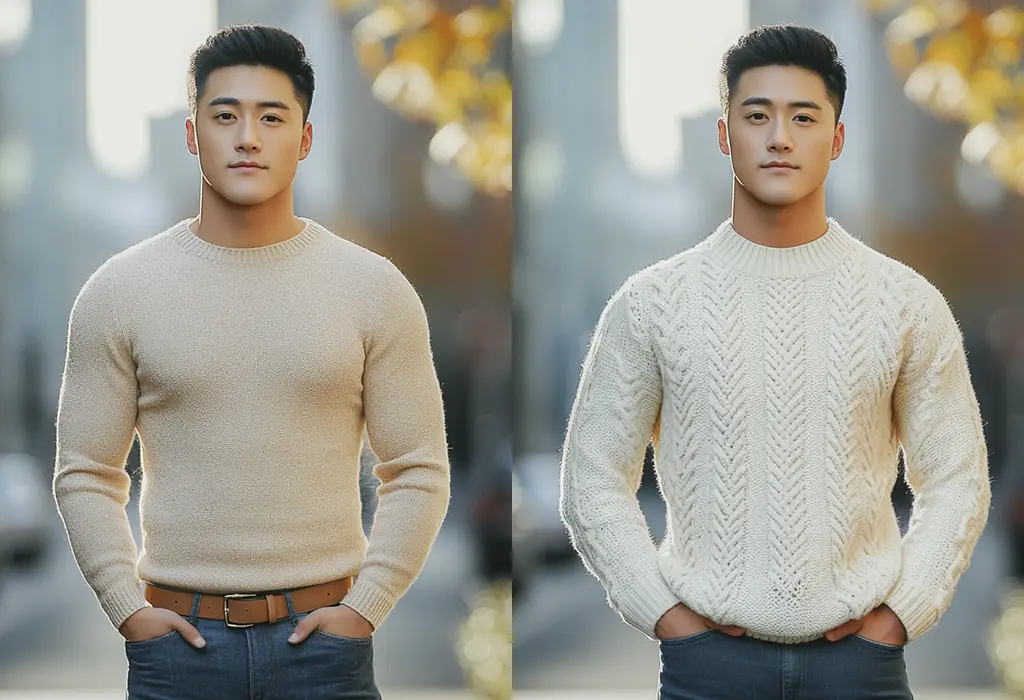 man wearing a thin wool sweater tucked in vs man wearing a chunky cable-knit sweater over jeans, untucked