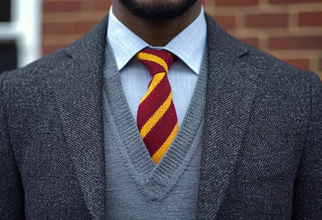 light gray sweater v-neck vest under a charcoal gray flannel suit jacket, worn with a red and yellow striped tie