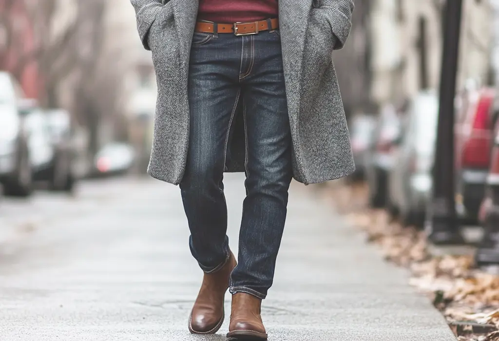 dark red wool sweater tucked neatly into dark wash blue jeans