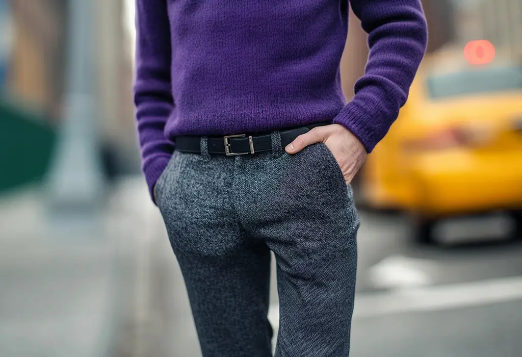 purple wool sweater neatly tucked into charcoal gray wool pants