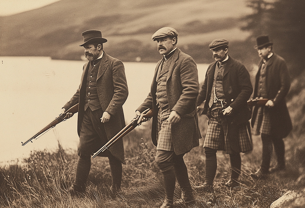 men in the Scottish countryside, late 1800s, wearing tweed suits and holding muskets while hunting for ducks