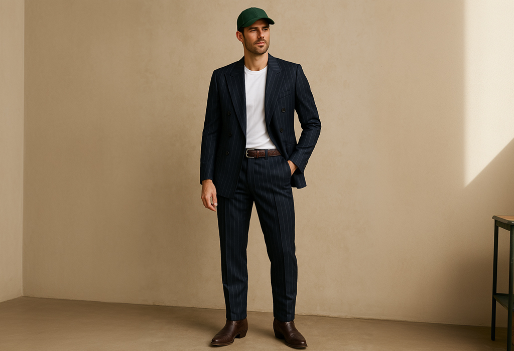man wearing a double-breasted, navy blue suit with chalk-stripes, a white tee shirt tucked in, and dark brown cowboy boots, as well as a matching dark brown braided leather belt and a green baseball cap