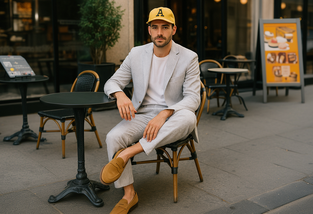 handsome man wearing a seersucker suit sitting at an outdoor cafe, with a white tee shirt, tan loafers, and a yellow baseball cap with an “A” on it