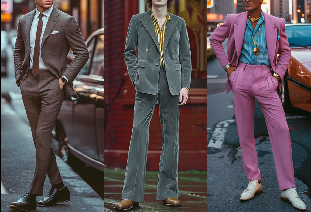 Side by side images of a man wearing a 60s, 70s, and 80s outfit