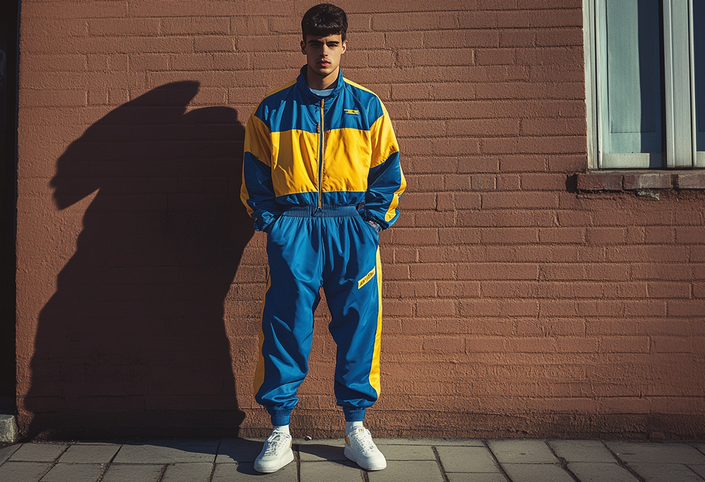 man wearing a vintage 90s style track suit in blue and yellow accent colors