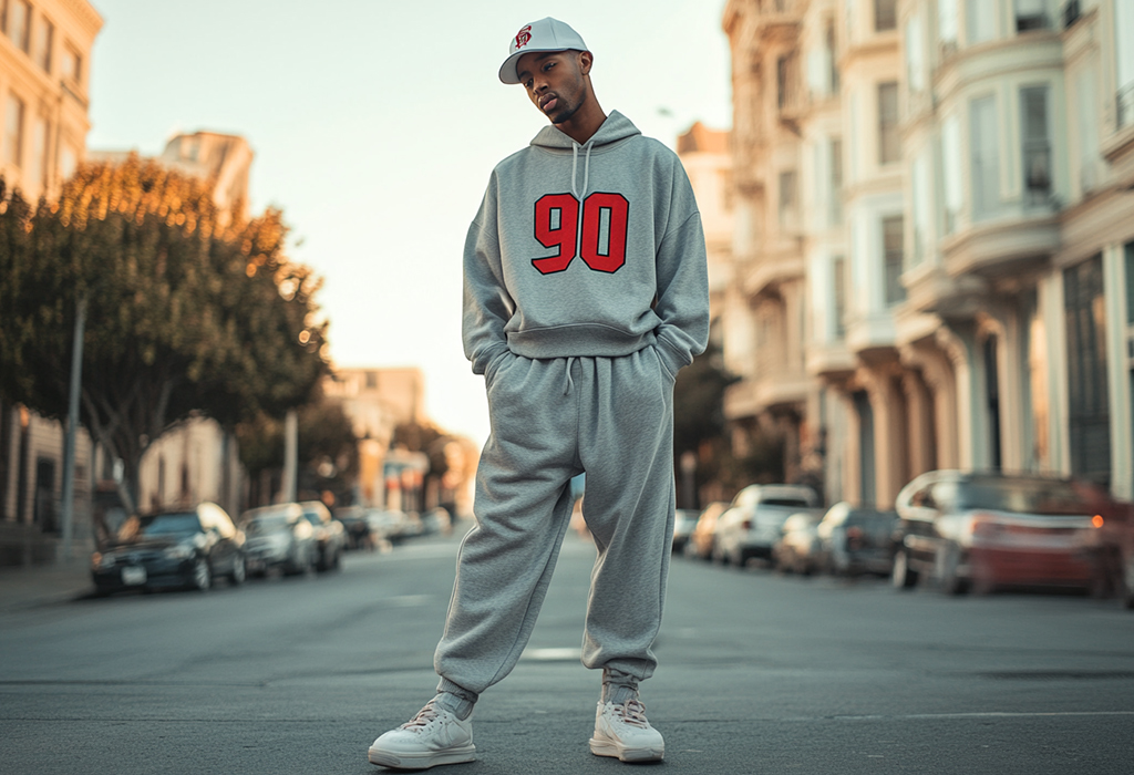man wearing loose gray sweatpants with a wide leg opening and a matching gray crew neck sweatshirt with a red number 90 on the chest