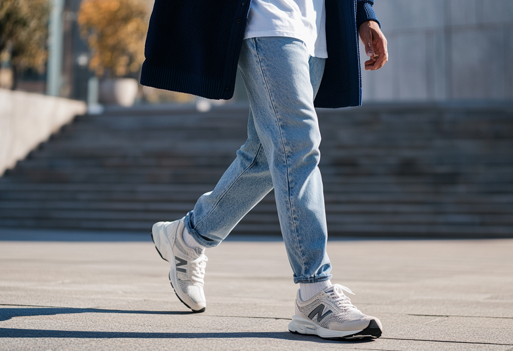 man wearing relaxed fit light wash jeans with white chunky running shoes and white tee shirt