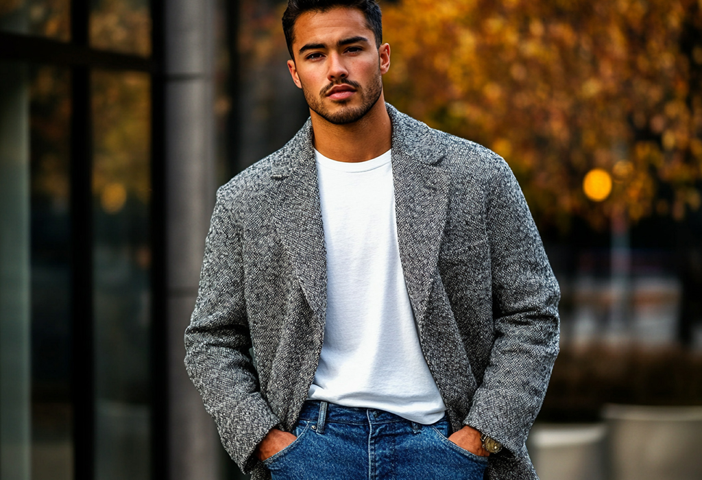 man wearing a 90s style, relaxed, unstructured speckled gray wool sport coat over a white tee shirt and blue jeans