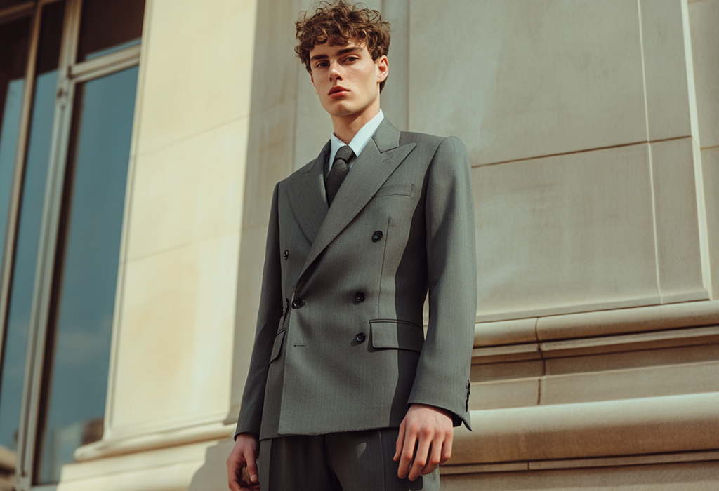 80s/90s style gray double breasted suit with a low buttoning point