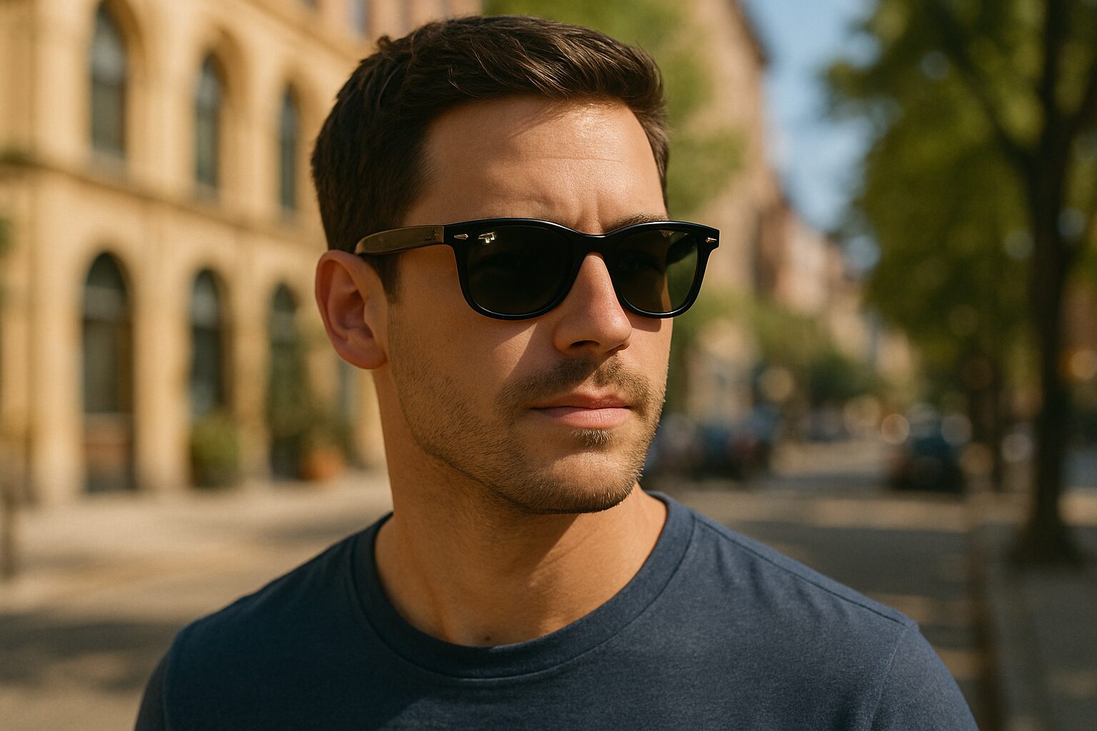 man on sunny street wearing Ray-Ban Wayfarer