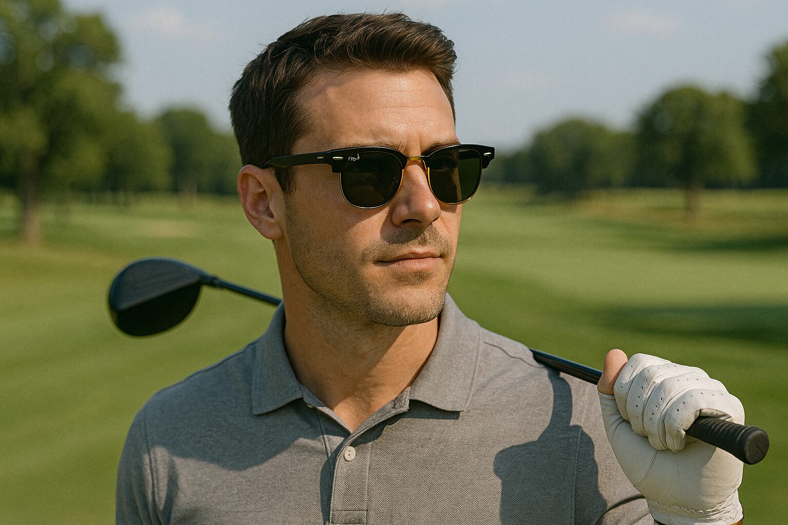man on golf field wearing Ray-Ban Clubmaster