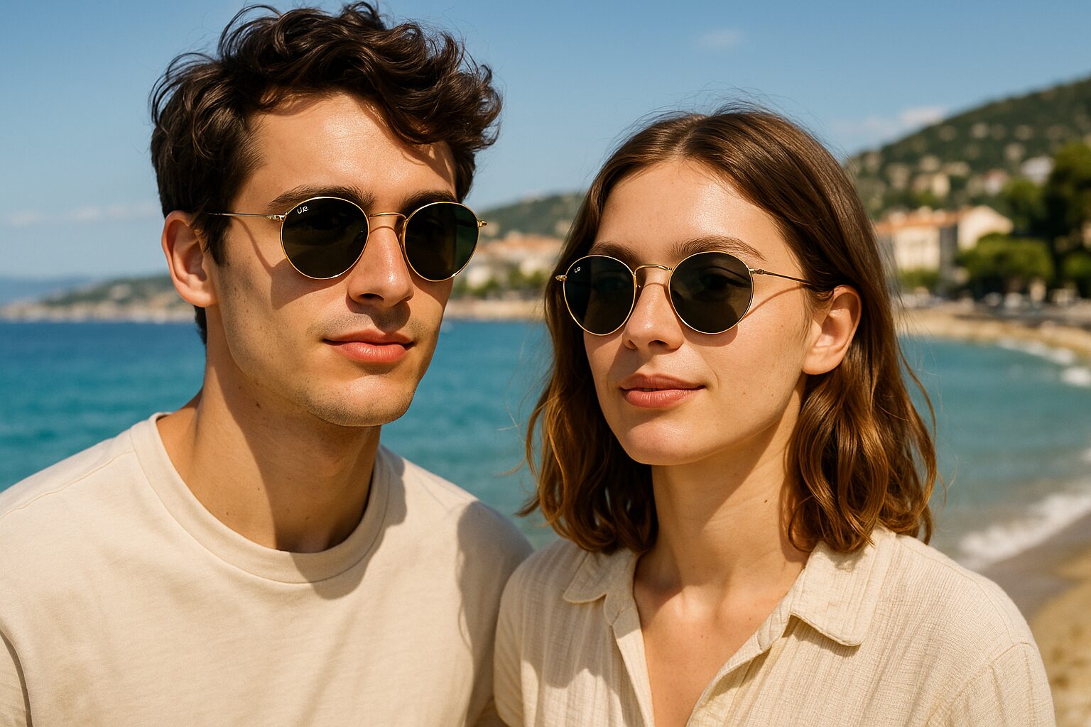 young couple both wearing Ray-Ban Round Metal sunglasses