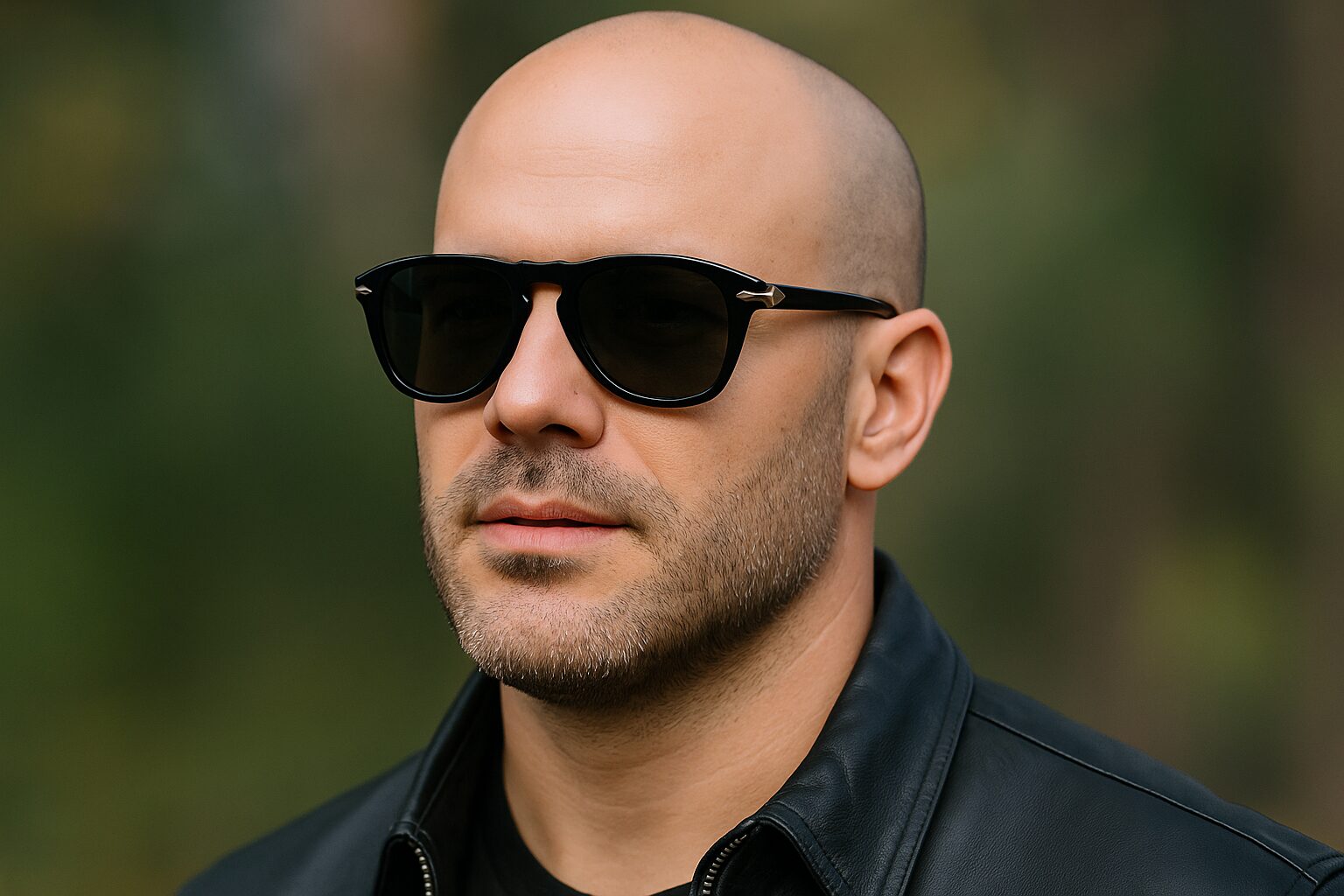 shaved head man wearing Persol 649 sunglasses
