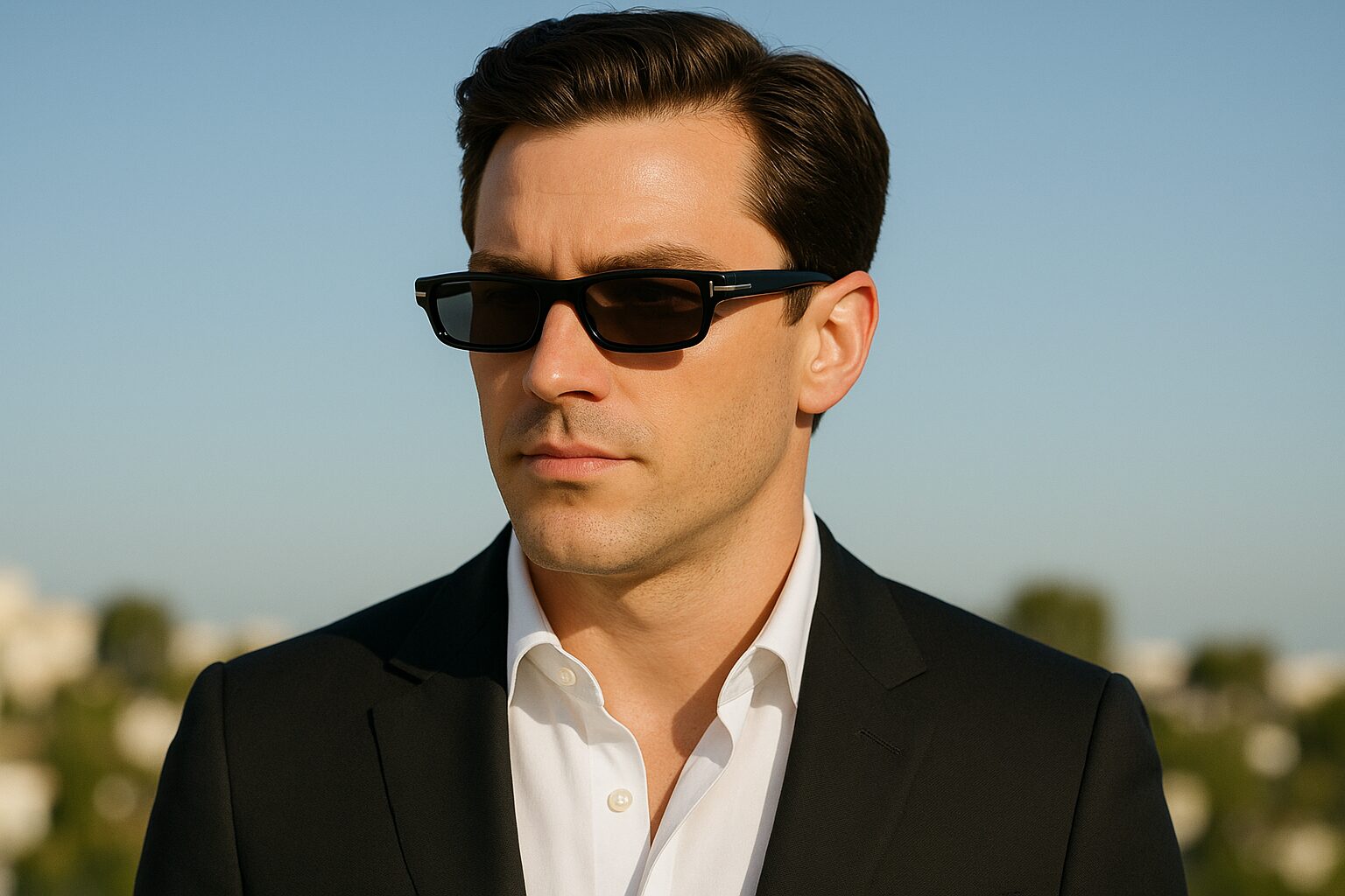 main in black suit and white shirt with no tie wearing Tom Ford Alejandro