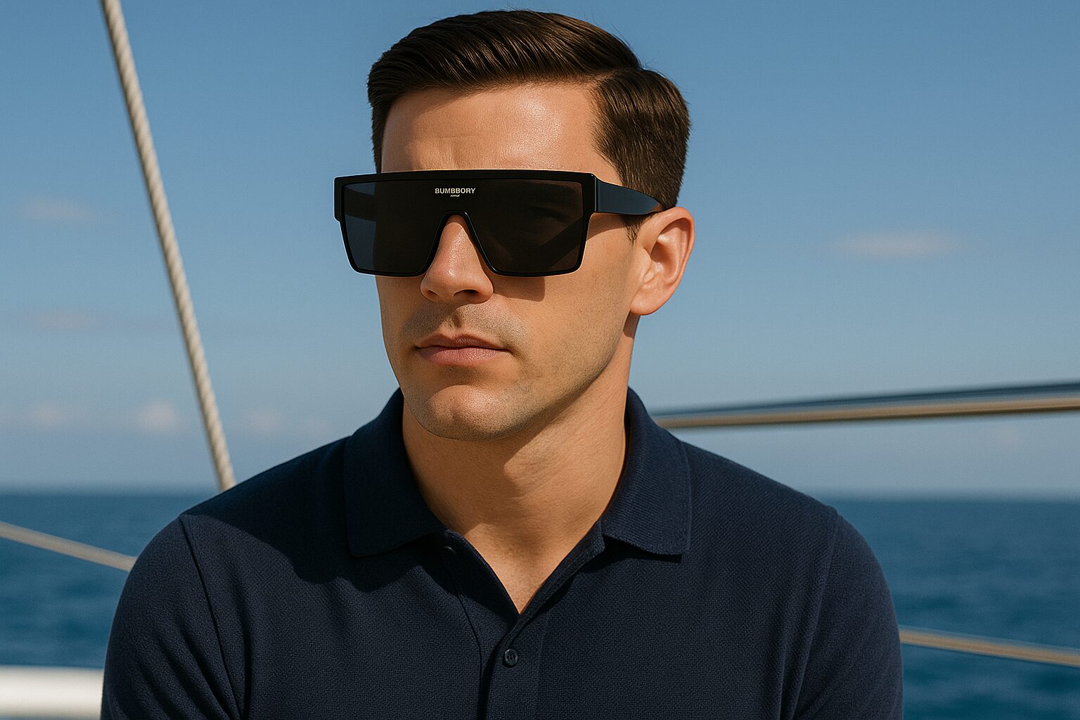 man on yacht wearing Burberry BE4291 Shield