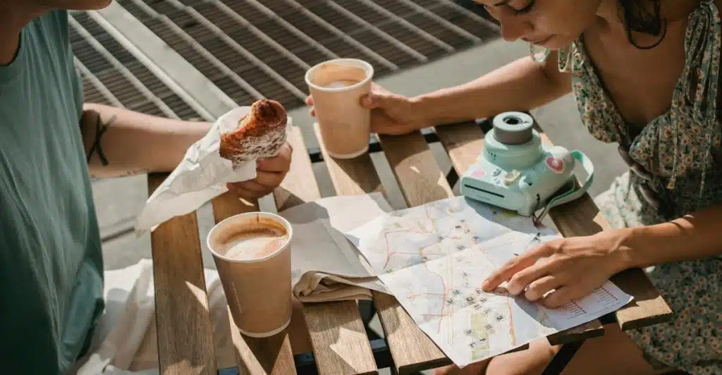 Couple having coffee and a snack while looking at a map, with a polaroid camera placed on the table.