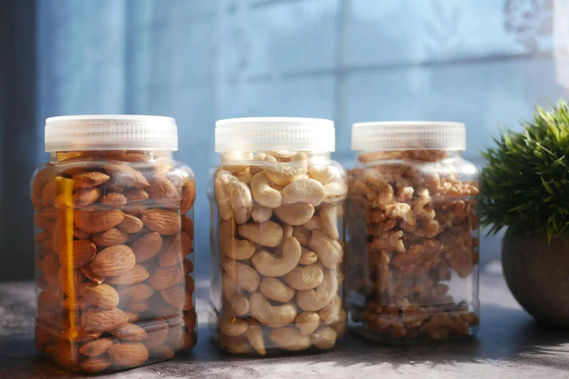 Three plastic jars filled with almonds, cashews, and walnuts with a plant nearby.