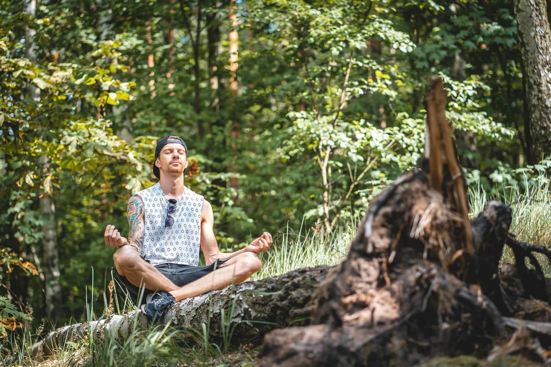 Man meditating on a fallen tree in the middle of a forest.