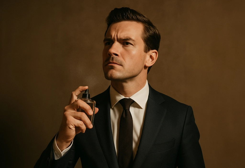 Well-dressed professional man in suit spraying cologne on his neck