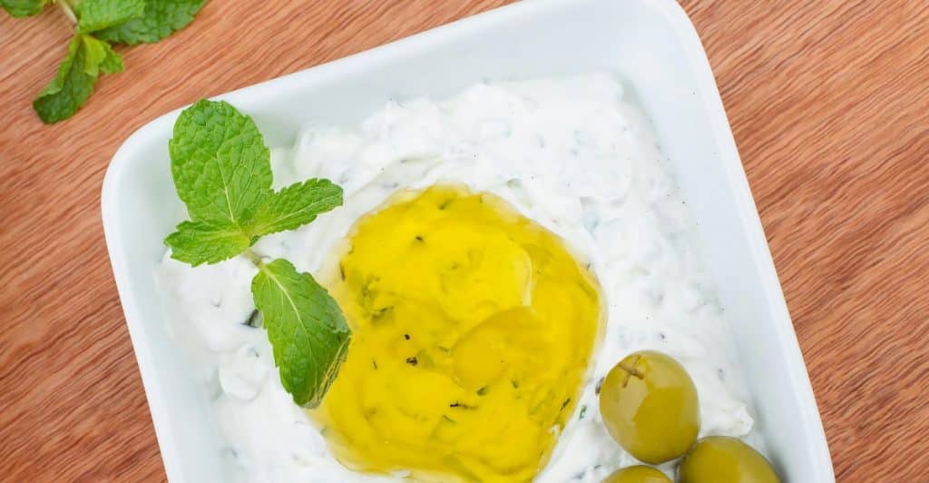 Tzatziki in a ceramic bowl.