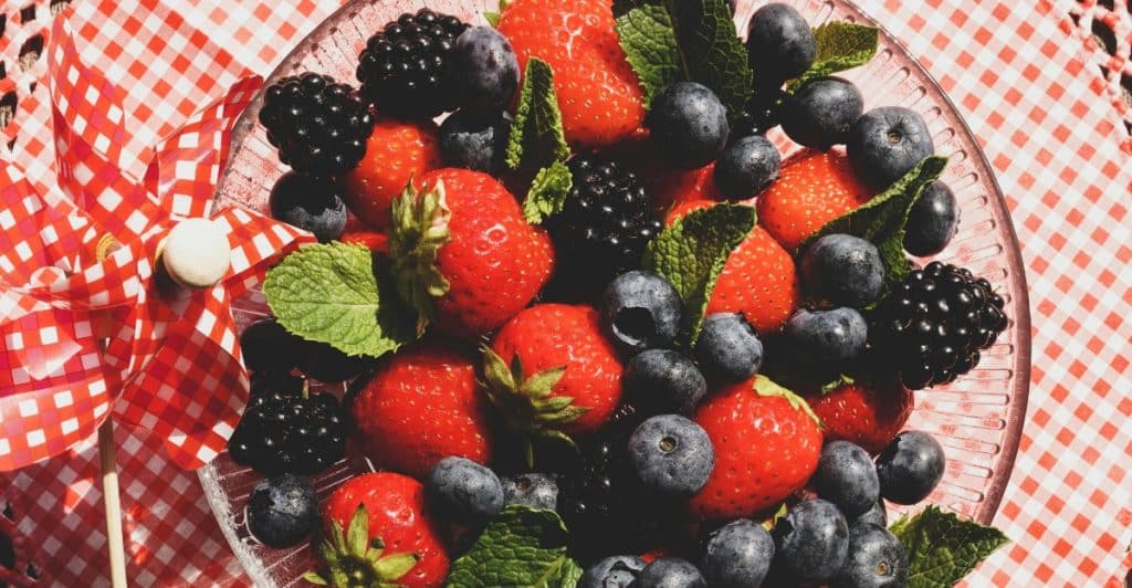 Strawberries and Blueberries in a Glass Bowl